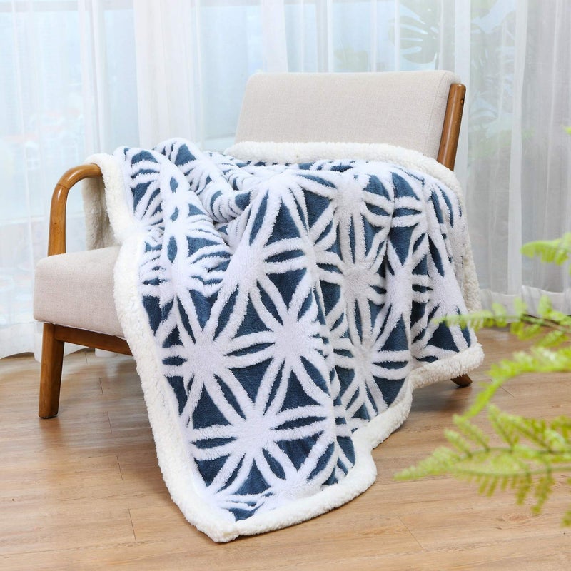 LOMAO بطانية لومياء شيربا من الفليس، بطانية ناعمة ومريحة، بطانية مزدوجة الجوانب للكنبة أو السرير (كحلي، 60''x80'') - Image 2